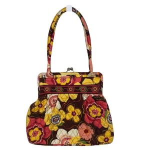 Vera Bradley Quilted Floral Kiss Lock Satchel Bag Brown‎ Yellow Pink